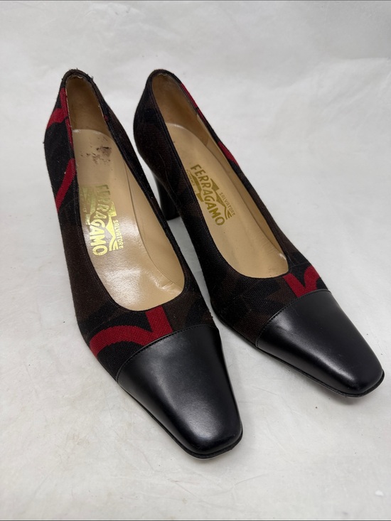 Salvatore Ferragamo Shoes - Salvatore Ferragamo Black and Red Patterned Leather Toe Pumps  Heels Size 9